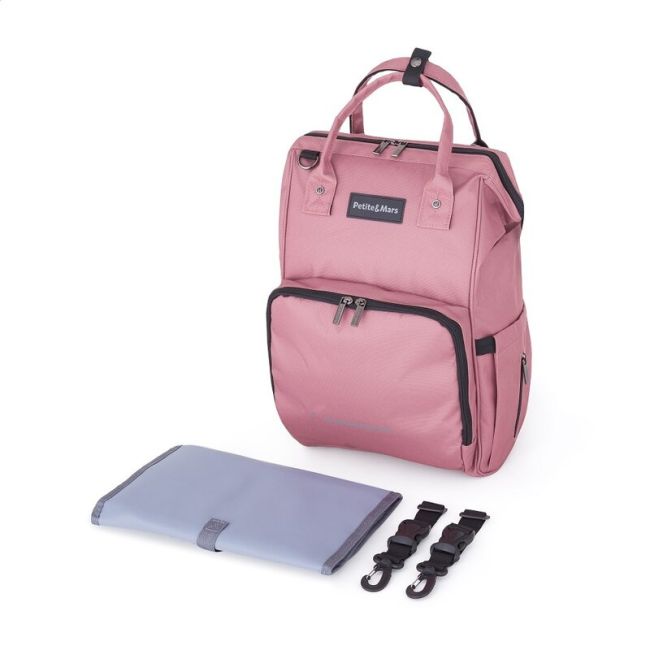 Rucsac pentru mamici, Petite&Mars, Jack, Cu 11 compartimente, Cu buzunare termice, Saltea de infasat inclusa, 30 x 42 x 15 cm, Dusty Rose BYN507820