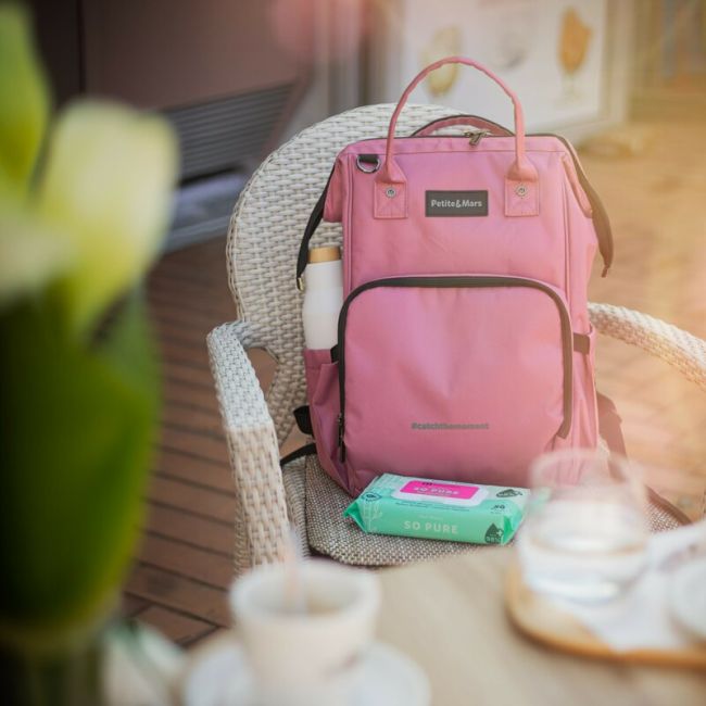 Rucsac pentru mamici, Petite&Mars, Jack, Cu 11 compartimente, Cu buzunare termice, Saltea de infasat inclusa, 30 x 42 x 15 cm, Dusty Rose BYN507820