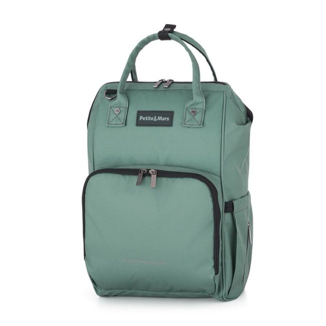Rucsac pentru mamici, Petite&Mars, Jack, Cu 11 compartimente, Cu buzunare termice, Saltea de infasat inclusa, 30 x 42 x 15 cm, Misty Green BYN507817