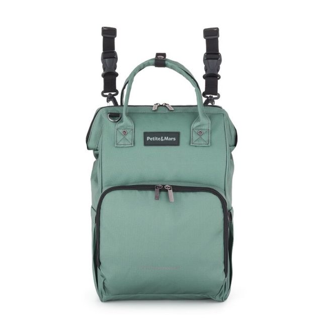 Rucsac pentru mamici, Petite&Mars, Jack, Cu 11 compartimente, Cu buzunare termice, Saltea de infasat inclusa, 30 x 42 x 15 cm, Misty Green BYN507817