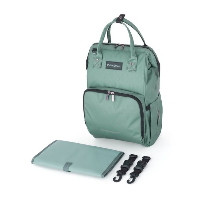 Rucsac pentru mamici, Petite&Mars, Jack, Cu 11 compartimente, Cu buzunare termice, Saltea de infasat inclusa, 30 x 42 x 15 cm, Misty Green BYN507817