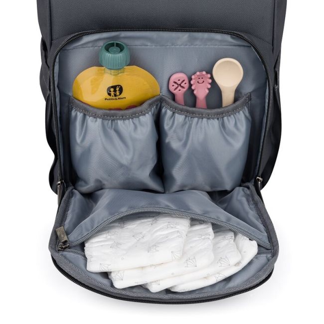 Rucsac pentru mamici, Petite&Mars, Jack, Cu 11 compartimente, Cu buzunare termice, Saltea de infasat inclusa, 30 x 42 x 15 cm, Ultimate Grey BYN507840