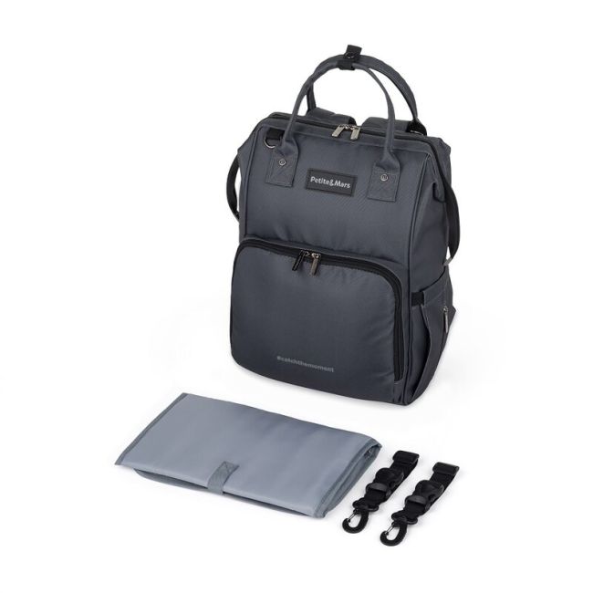 Rucsac pentru mamici, Petite&Mars, Jack, Cu 11 compartimente, Cu buzunare termice, Saltea de infasat inclusa, 30 x 42 x 15 cm, Ultimate Grey BYN507840