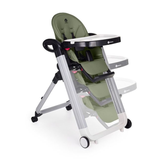 Scaun de masa, Petite&Mars, Tasty, Multifunctional, Pana la 15 kg, Reglabil pe inaltime in 7 pozitii, Spatar reglabil pana la 175 grade, Suport picioare si tavita reglabile, Cu roti, Aluminiu, Mature Olive BYN361841