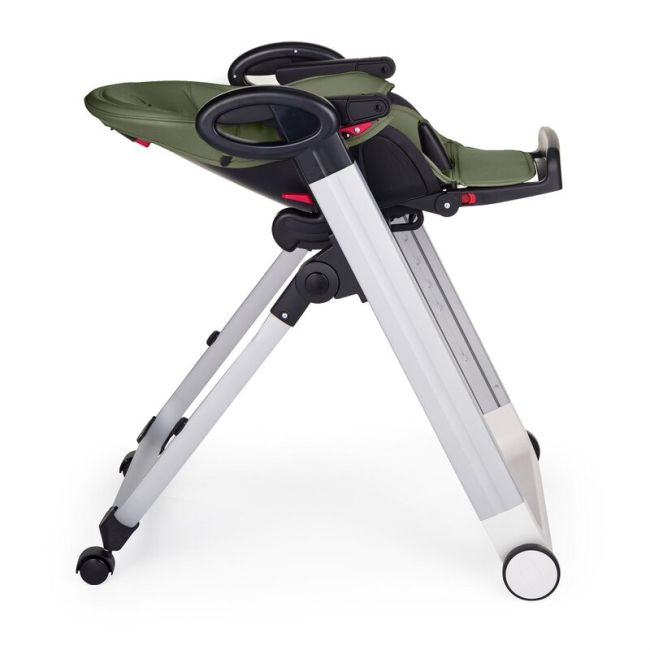 Scaun de masa, Petite&Mars, Tasty, Multifunctional, Pana la 15 kg, Reglabil pe inaltime in 7 pozitii, Spatar reglabil pana la 175 grade, Suport picioare si tavita reglabile, Cu roti, Aluminiu, Mature Olive BYN361841