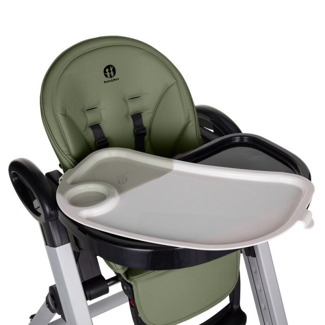 Scaun de masa, Petite&Mars, Tasty, Multifunctional, Pana la 15 kg, Reglabil pe inaltime in 7 pozitii, Spatar reglabil pana la 175 grade, Suport picioare si tavita reglabile, Cu roti, Aluminiu, Mature Olive BYN361841