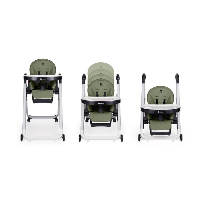 Scaun de masa, Petite&Mars, Tasty, Multifunctional, Pana la 15 kg, Reglabil pe inaltime in 7 pozitii, Spatar reglabil pana la 175 grade, Suport picioare si tavita reglabile, Cu roti, Aluminiu, Mature Olive BYN361841