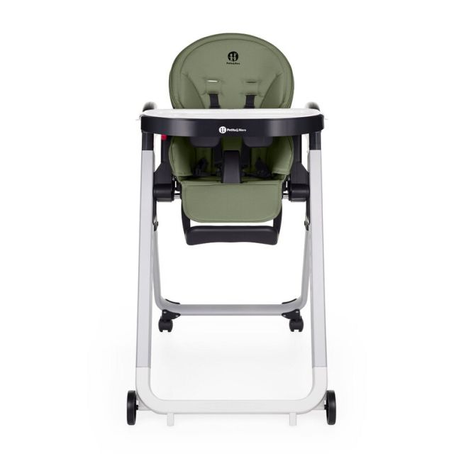 Scaun de masa, Petite&Mars, Tasty, Multifunctional, Pana la 15 kg, Reglabil pe inaltime in 7 pozitii, Spatar reglabil pana la 175 grade, Suport picioare si tavita reglabile, Cu roti, Aluminiu, Mature Olive BYN361841
