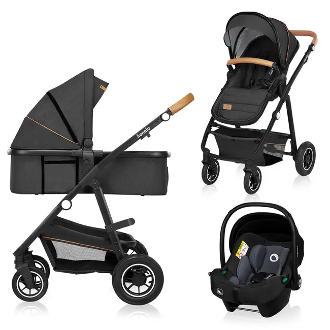 Lionelo - Carucior compact Amber, 3 in 1, Cadru din aluminiu, Cu landou intarit si salteluta moale, Scoica auto, Reversibil, Maner ajustabil, Huse pentru picioare, Plasa de tantari, Husa de ploaie, Geanta parinti, Pana la 22 kg, Gri Grafit BYNLO-AMBER_3IN