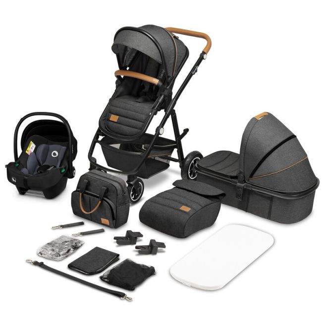 Lionelo - Carucior compact Amber, 3 in 1, Cadru din aluminiu, Cu landou intarit si salteluta moale, Scoica auto, Reversibil, Maner ajustabil, Huse pentru picioare, Plasa de tantari, Husa de ploaie, Geanta parinti, Pana la 22 kg, Gri Grafit BYNLO-AMBER_3IN