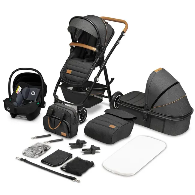 Lionelo - Carucior compact Amber, 3 in 1, Cadru din aluminiu, Cu landou intarit si salteluta moale, Scoica auto, Reversibil, Maner ajustabil, Huse pentru picioare, Plasa de tantari, Husa de ploaie, Geanta parinti, Pana la 22 kg, Gri Grafit BYNLO-AMBER_3IN