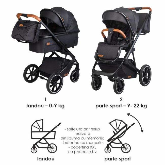 Carucior modular 2in1 c nessia diamond black+balansoar bebelusi c velio butternut smb322065360333041144