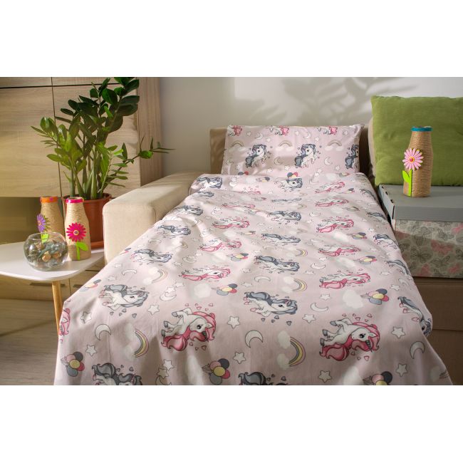 Set 5 piese Lenjerie Unicorn saltele 140x70 compatibile cu pat 2-8 ani + Pilota + Perna - ASC2015