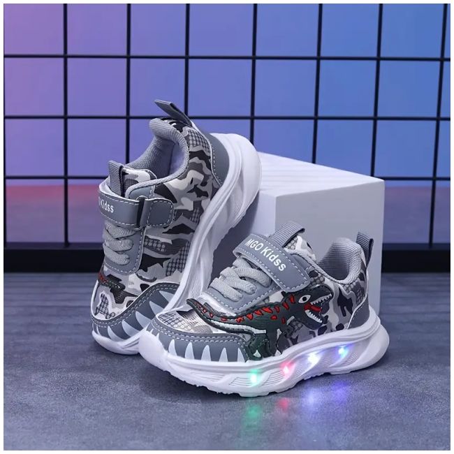 Pantofi sport copii cu luminițe led și design dinozaur gri adt-10