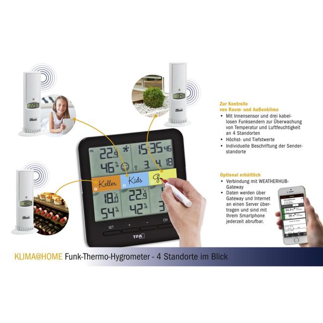 Termo-higrometru digital cu 3 senzori wireless KLIMA@HOME, compatibil cu WEATHERHUB SmartHome, TFA 30.3060.01.IT