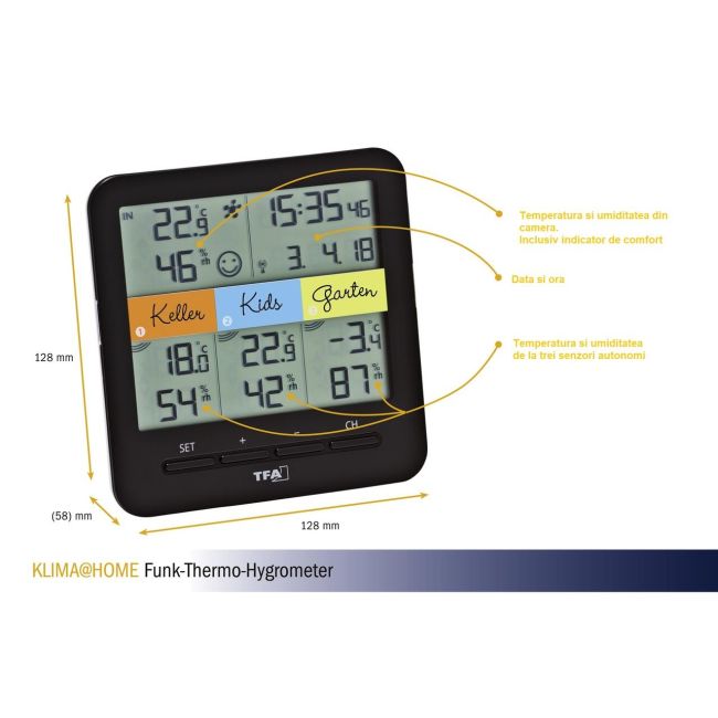 Termo-higrometru digital cu 3 senzori wireless KLIMA@HOME, compatibil cu WEATHERHUB SmartHome, TFA 30.3060.01.IT