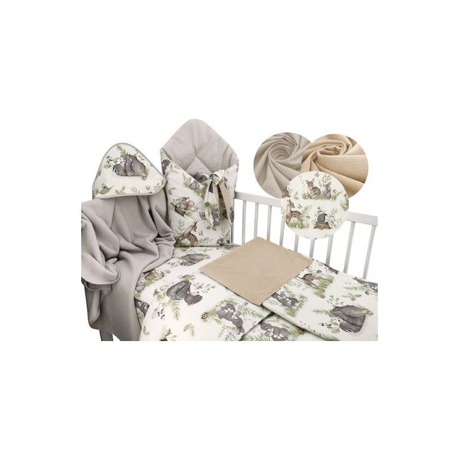 MimiNu - Set pentru bebelusi, 6+1 piese, Cu paturica de infasat, Prosop, Paturica, Cearceaf 120x60 cm, Fata de perna, Husa pilota, Jucarie textila senzoriala, Din bumbac certificat Oeko Tex Standard 100, 135x100 cm, Design, Calm Forest Natural BYN64269720