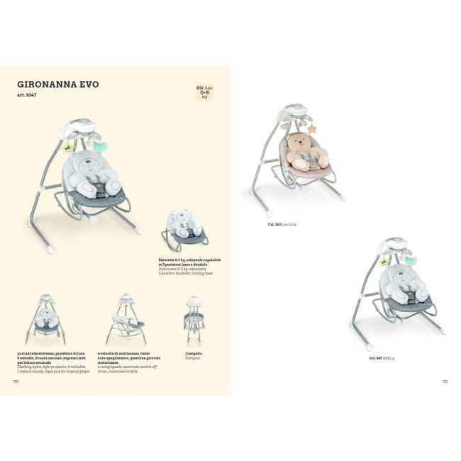 Balansoar Si Scaun 2 In 1 Cu Melodii Si Sunete, 4 Viteze Pentru Leganare Bebe, Proiector De Lumina, Orso Grigio Pjbs347/247