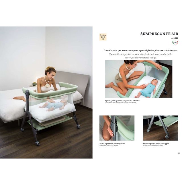 Patut, Sempreconte Air, Co-sleeper 2 In 1, Cu Laterala Culisanta, Cu Setare Unghiulara, Cu Roti, Geanta Voiaj, Reglabil In 8 Pozitii Pe Inaltime, Mint Pjbart920-t170