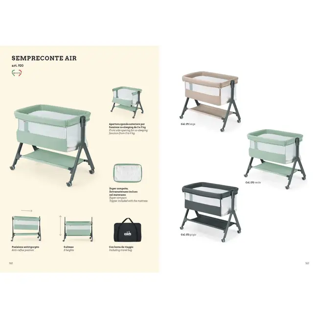 Patut, Sempreconte Air, Co-sleeper 2 In 1, Cu Laterala Culisanta, Cu Setare Unghiulara, Cu Roti, Geanta Voiaj, Reglabil In 8 Pozitii Pe Inaltime, Mint Pjbart920-t170