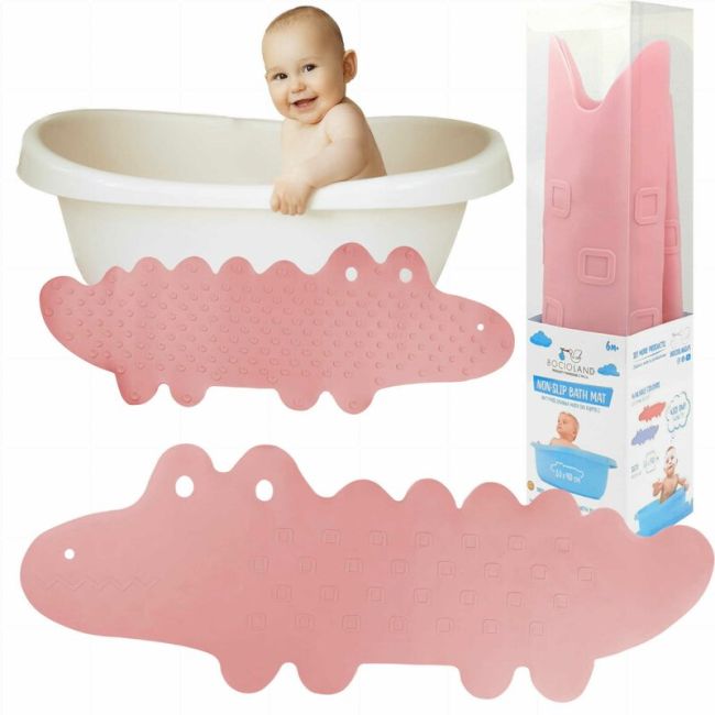 Covoras de baie, Bocioland, Antiderapant, Cu ventuze, Silicon, 33 x 90 cm, Crocodile Pink BYNBL149