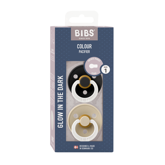 Bibs - set 2 suzete fosforescente colour glow latex, tetina rotunda, 0 luni +-black/vanilla bbb110251