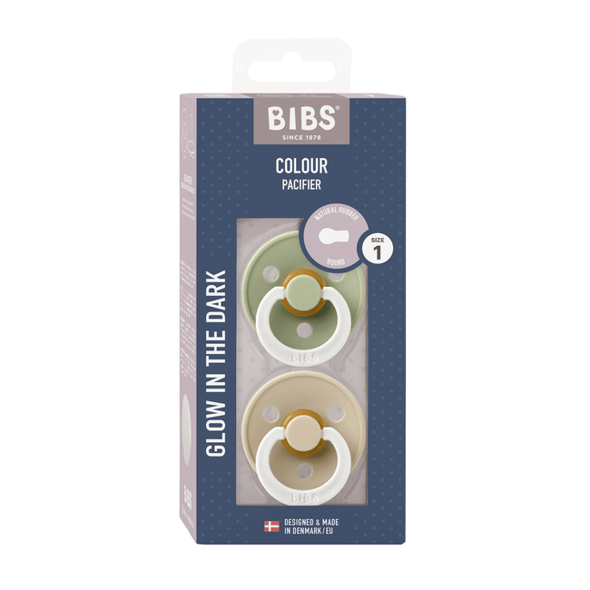 Bibs - set 2 suzete fosforescente colour glow latex, tetina rotunda, 0 luni +-sage/vanilla bbb110409