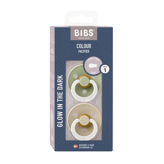 Bibs - set 2 suzete fosforescente colour glow latex, tetina rotunda, 0 luni +-sage/vanilla bbb110409