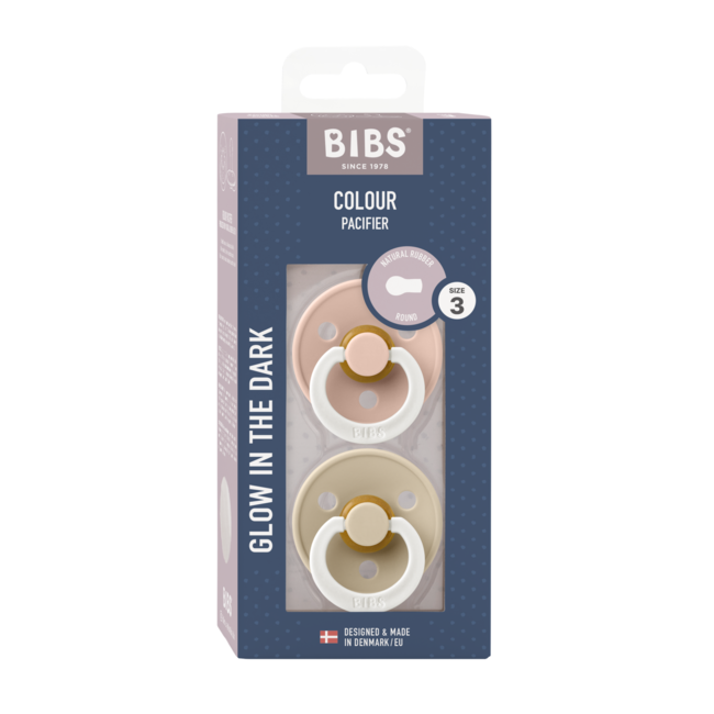 Bibs - set 2 suzete fosforescente colour glow latex, tetina rotunda, 18 luni +-blush/vanilla bbb130243