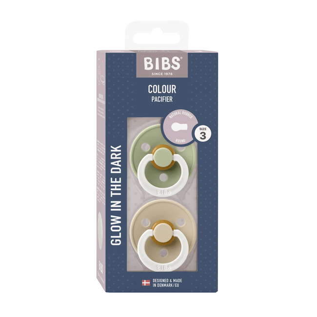 Bibs - set 2 suzete fosforescente colour glow latex, tetina rotunda, 18 luni +-sage/vanilla bbb130370