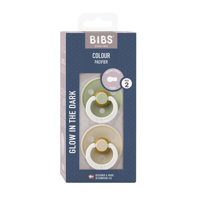 Bibs - set 2 suzete fosforescente colour glow latex, tetina rotunda, 6 luni +-sage/vanilla bbb120409