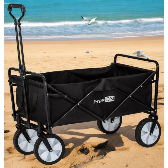 Carucior pliabil, FreeON, Pentru transportul diferitelor obiecte atat in casa, cat si in vacanta, Cu 2 buzunare, Maner reglabil 71-101 cm, Pana la 100 kg, 95x54x101 cm, Black BYN81606