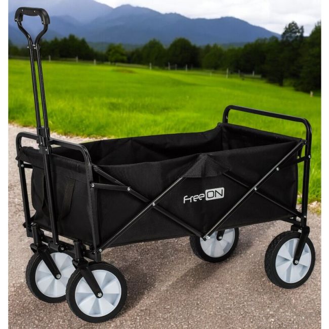 Carucior pliabil, FreeON, Pentru transportul diferitelor obiecte atat in casa, cat si in vacanta, Cu 2 buzunare, Maner reglabil 71-101 cm, Pana la 100 kg, 95x54x101 cm, Black BYN81606