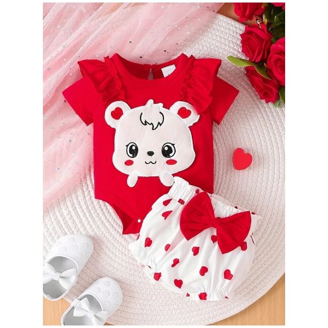 Costumas pentru fetite, body rosu si pantaloni albi cu inimioare mdtu80-r2