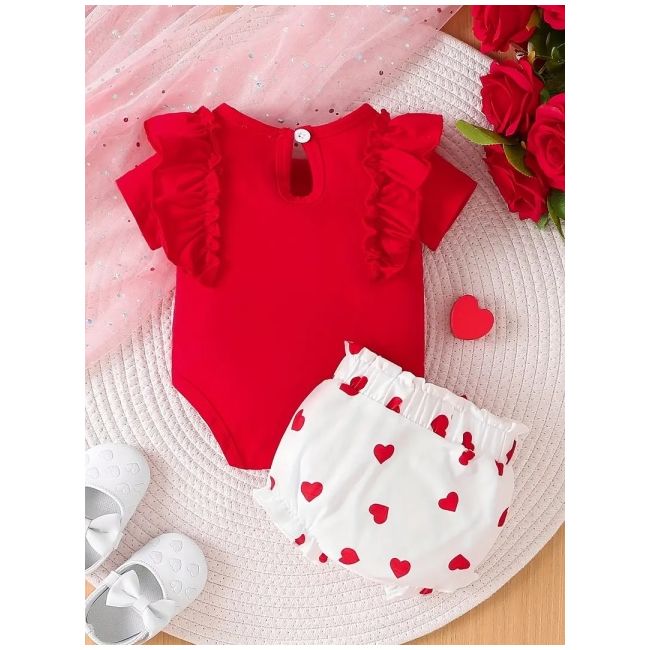 Costumas pentru fetite, body rosu si pantaloni albi cu inimioare mdtu80-r2