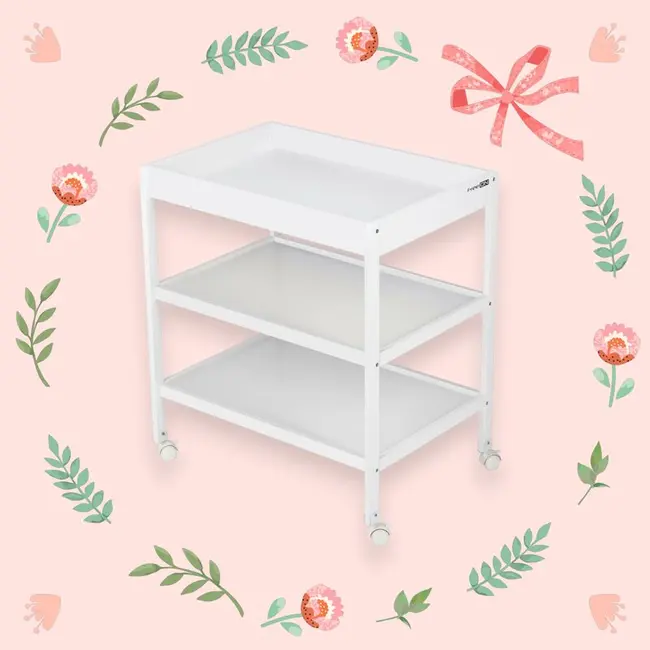 Masuta de infasat, FreeON, Mila, Din lemn, Cu 4 roti pentru transport facil, Cu 3 suprafete de depozitare, 76x54x86 cm, White BYN82702