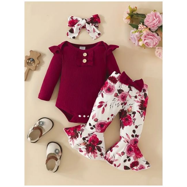Set pentru fetite – body visiniu, pantaloni evazati si bentita asortata mbtu40-r1