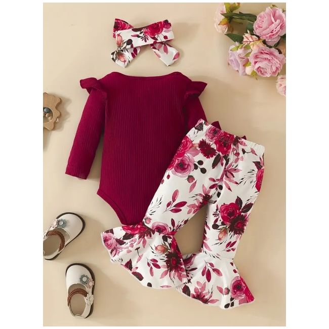 Set pentru fetite – body visiniu, pantaloni evazati si bentita asortata mbtu40-r1