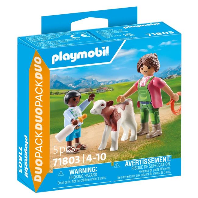Playmobil - Set 2 figurine Femeie fermier cu copil si vitel ARTPM71803