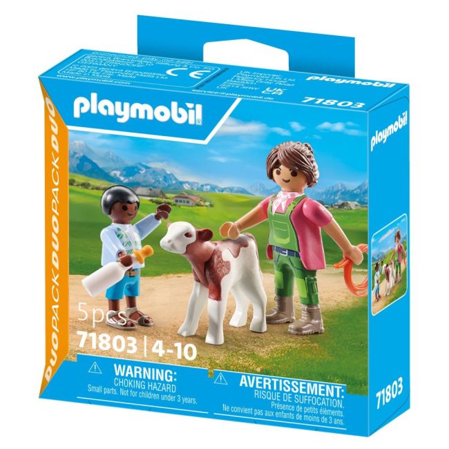 Playmobil - Set 2 figurine Femeie fermier cu copil si vitel ARTPM71803