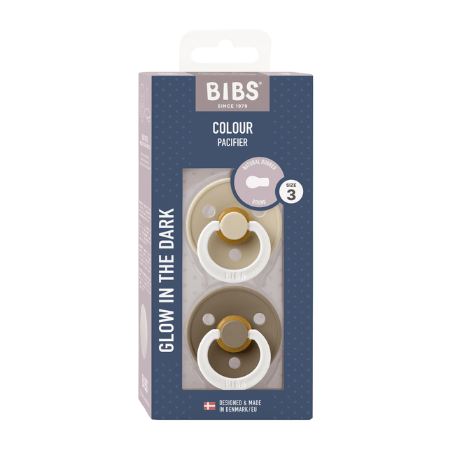 Bibs - set 2 suzete fosforescente colour glow latex, tetina rotunda, 18 luni +-vanilla/dark oak bbb130368