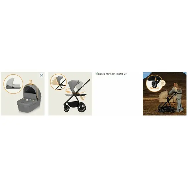Carucior 3 in 1, Lionelo, Meril, Cu landou de dimensiune XL, Reversibil, Cu scoica auto testata ADAC, Cu accesorii, Pana la 22 kg, Conform cu EN1888-1 EN1888-2, EN1466, Gri BYNLO-MERIL_3IN1_GREY_STONE