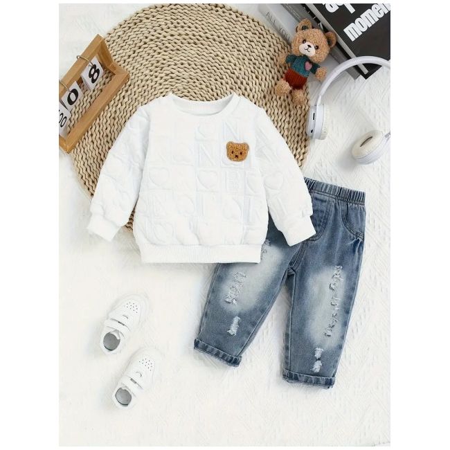 Costumas cu bluzita alba si blugi pentru baietei mbtu77-de