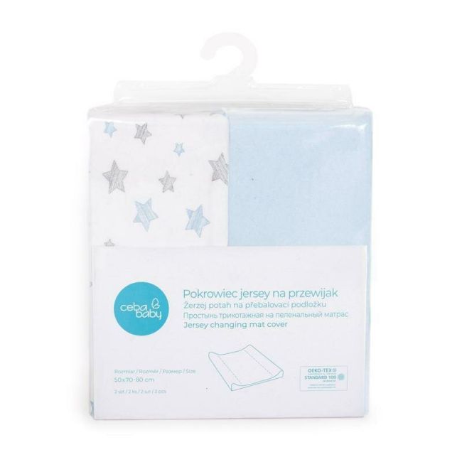 Set 2 huse, Ceba Baby, Pentru saltea de infasat, 50x70 cm, Certificat Oeko-Tex Standard 100, Bumbac, Blue/Blue Stars BYNW-829-160-603