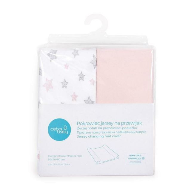 Set 2 huse, Ceba Baby, Pentru saltea de infasat, 50x70 cm, Certificat Oeko-Tex Standard 100, Bumbac, Pink/Pink Stars BYNW-829-130-604