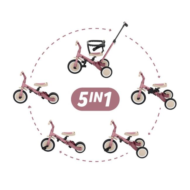 Tricicleta, Petite&Mars, Turbo, 5 in 1, Multifunctionala, Vehicul de impins, Bicicleta cu/fara pedale, Cu maner de ghidaj, Detasabil, Roti din cauciuc, Pana la 25 kg, 1.5-5 ani, Dusty Rose BYN613821