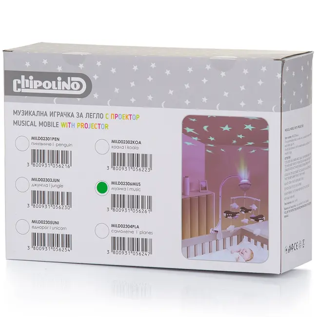 Carusel muzical pentru patut cu proiector chipolino music hubmild02306mus