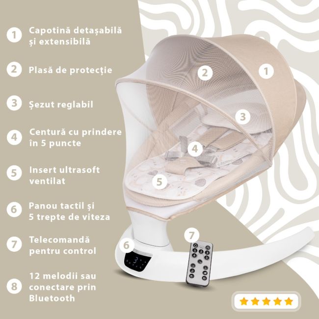 Leagan electric pentru bebelusi cu spatar reglabil si senzor de miscare, AppeKids Evoque - Bubble Beige KRTAK275978
