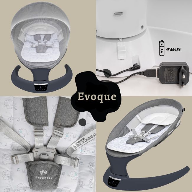 Leagan electric pentru bebelusi cu spatar reglabil si senzor de miscare, AppeKids Evoque - Powder Grey KRTAK275961