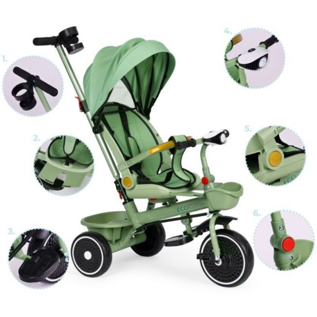 Tricicleta 2 in 1 pentru copii, scaun rotativ 360°, roti din spuma eva, ecotoys wql-066-18 - verde edeediwql-066-18green